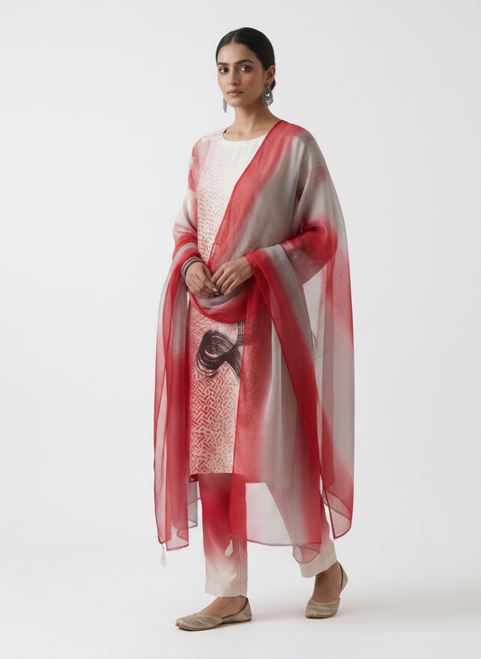 Woman wearing a pink and white traditional kurta with a pink dupatta on a white background
