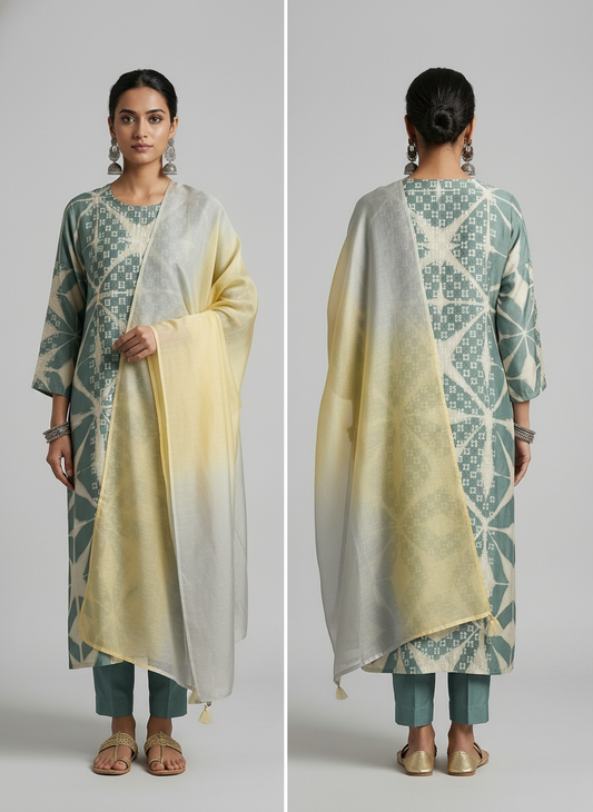 Woman wearing a traditional patterned kurta and light green dupatta on a plain background
