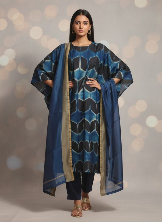 Woman wearing a blue and black patterned kurta with a matching dupatta against a bokeh background