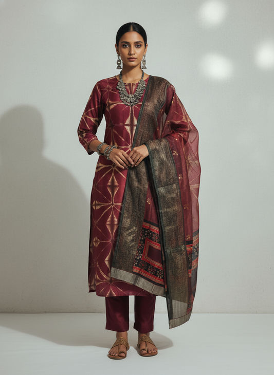 Semi Stitched Chanderi Formal Suitset