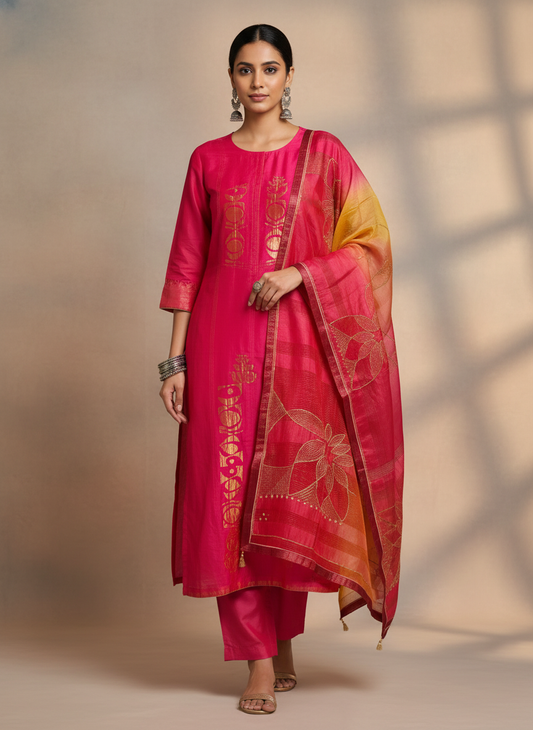Semi Stitched Chanderi Formal Suitset