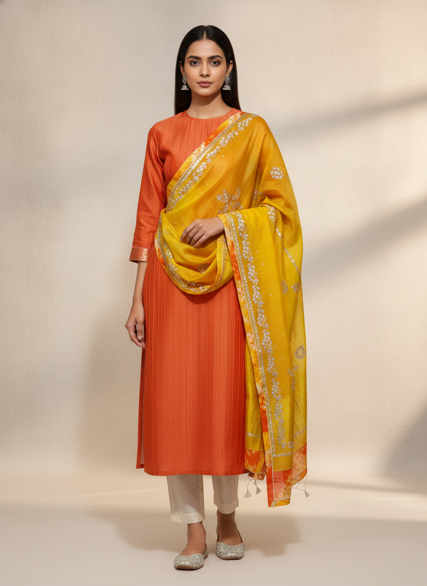 Woman wearing an orange kurta with a yellow dupatta on a beige background