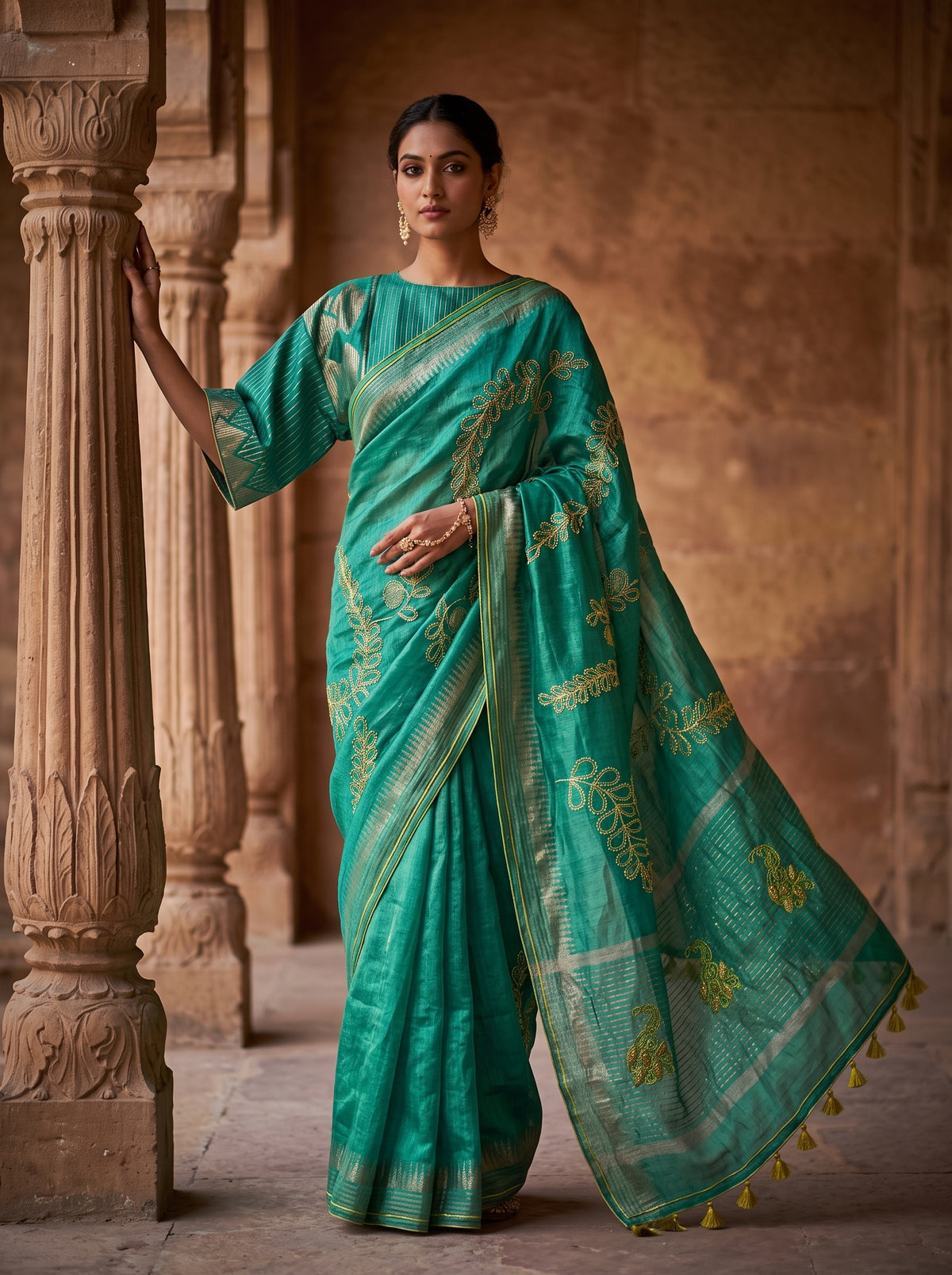Formal silk linen embroidered Saree