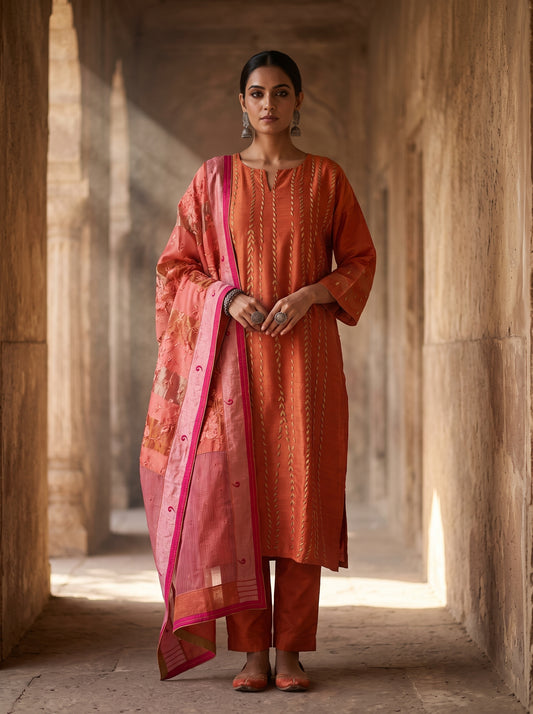 Semi Stitched Chanderi Formal Suitset