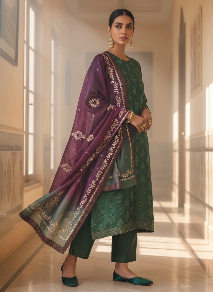Semi Stitched Chanderi Formal Suitset
