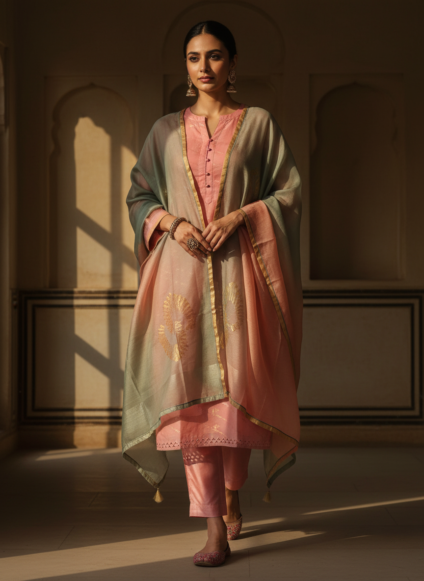 Semi Stitched Chanderi Formal Suitset