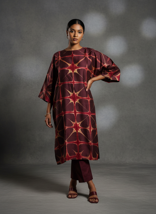 Woman wearing a patterned kurta a gray background