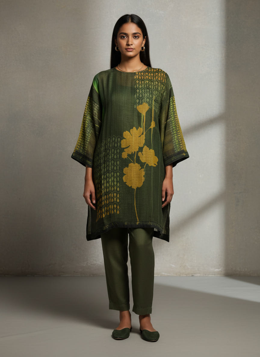 Woman wearing a green floral tunic and pants against a neutral background