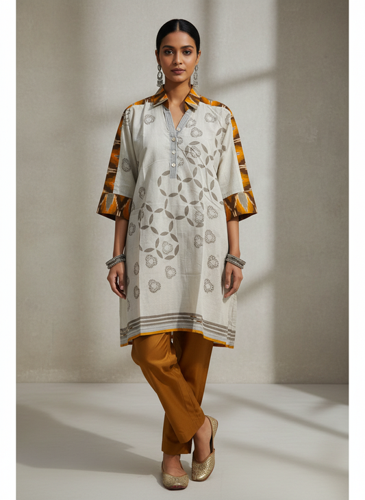 Woman wearing a patterned kurta with mustard pants against a neutral background