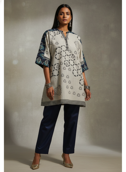 Woman wearing a patterned kurta with navy pants against a neutral background