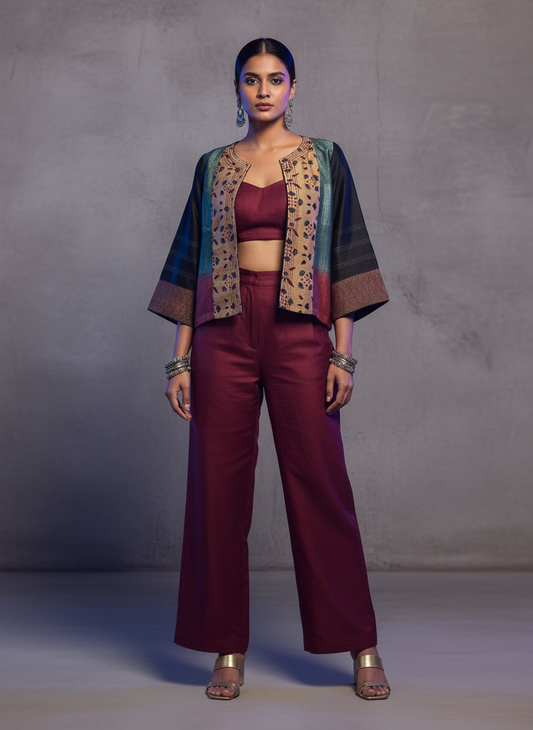 Woman wearing a maroon outfit with a patterned jacket against a gray background