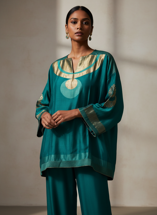 Woman wearing a teal outfit with gold accents against a neutral background