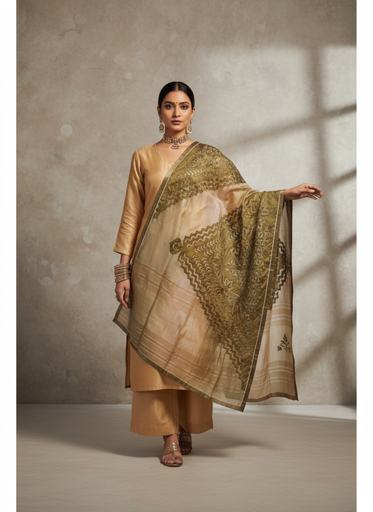 Woman wearing a traditional kurta with a gold and beige dupatta against a neutral background