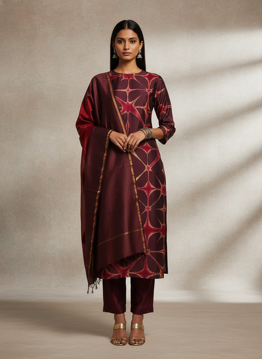 Woman wearing a maroon traditional outfit with a patterned dupatta against a neutral background