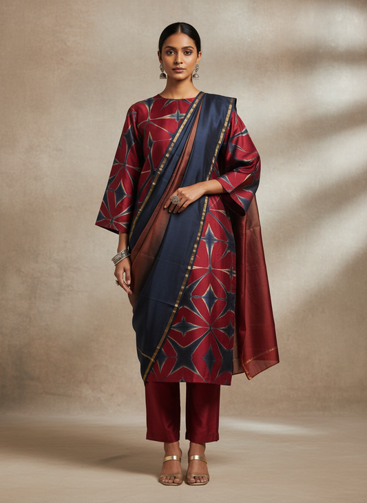 Woman wearing a traditional outfit with a red and blue  against a beige background