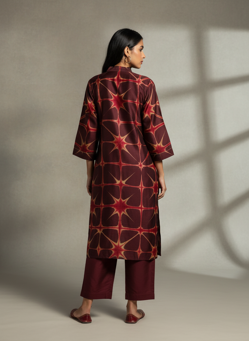 Woman wearing a patterned brown kurta  a neutral background