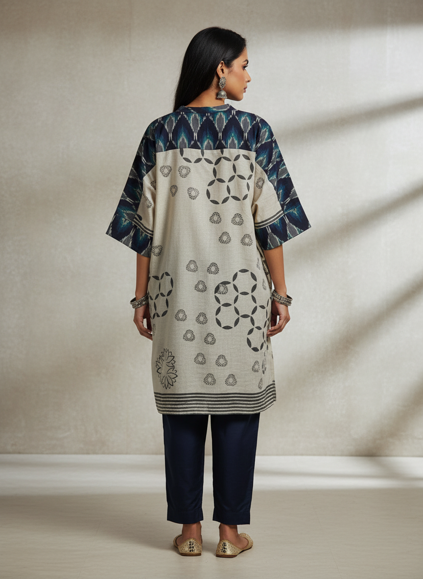 Woman wearing a patterned kurta with navy pants against a neutral background