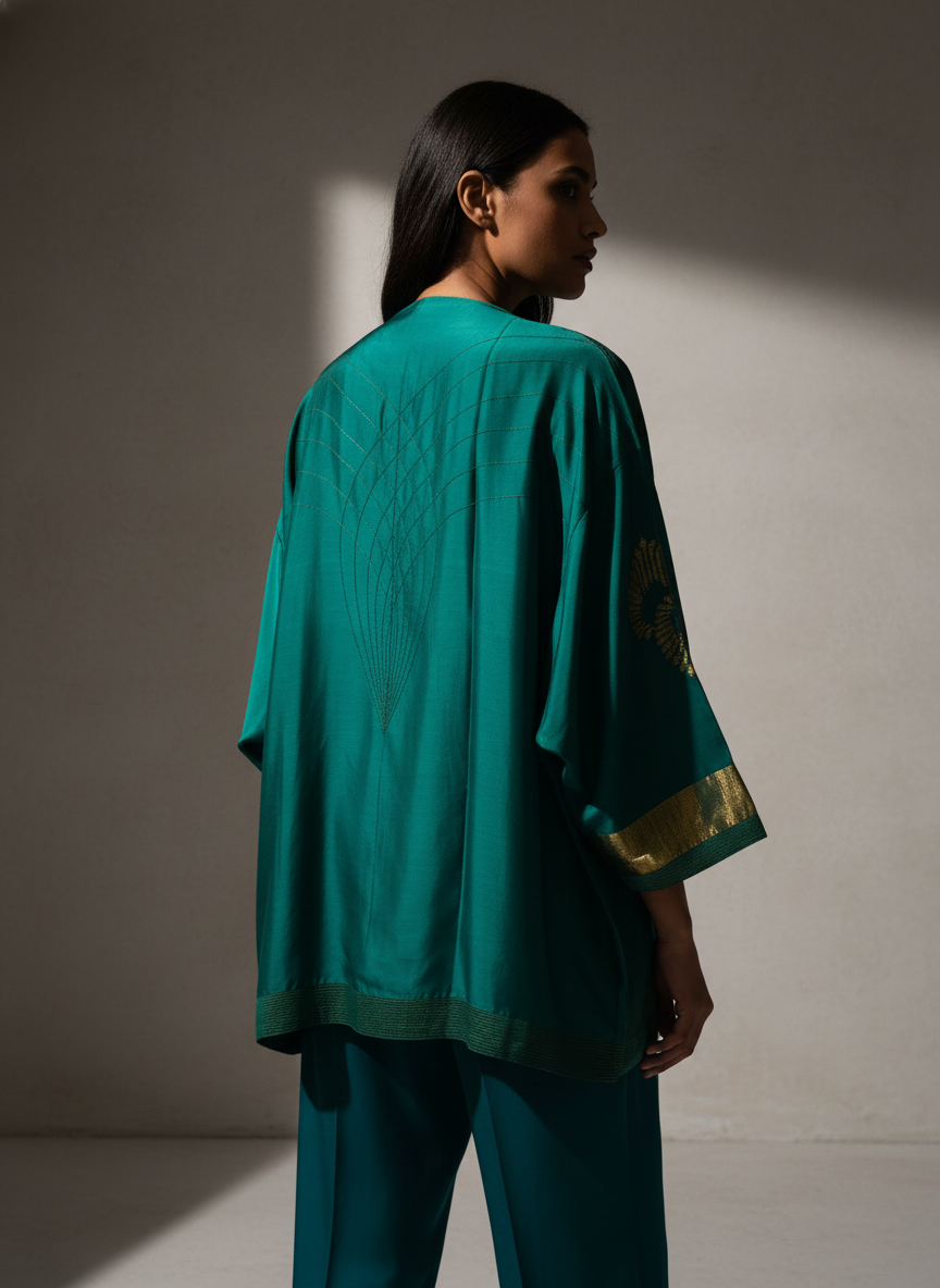 Person wearing a green outfit with gold accents against a neutral background