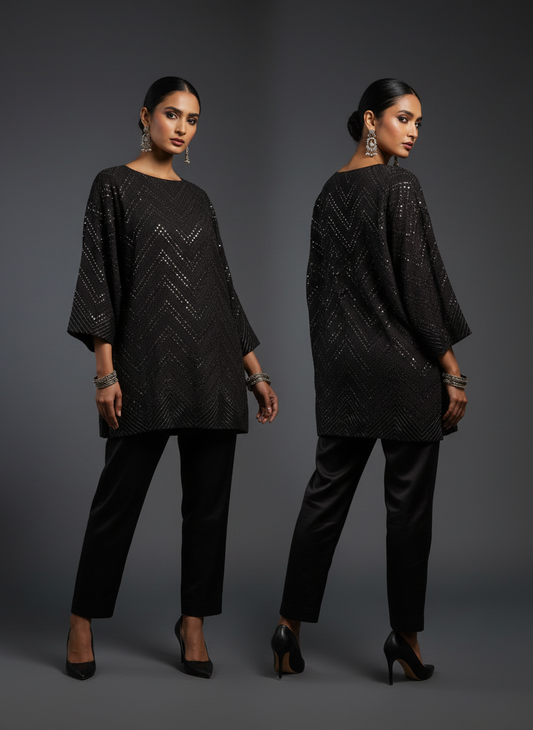 Woman wearing a black sequin top and pants, facing front and back, on a gray background.