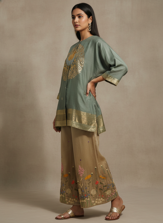 Woman wearing a traditional outfit with embroidered tunic and pants on a beige background