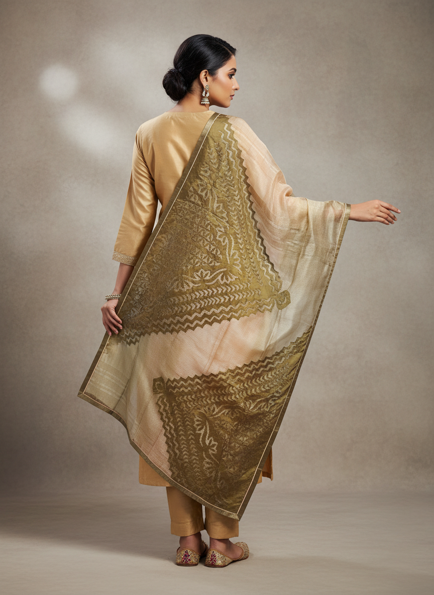 Woman wearing a beige traditional kurta with a green embroidered dupatta against a neutral background