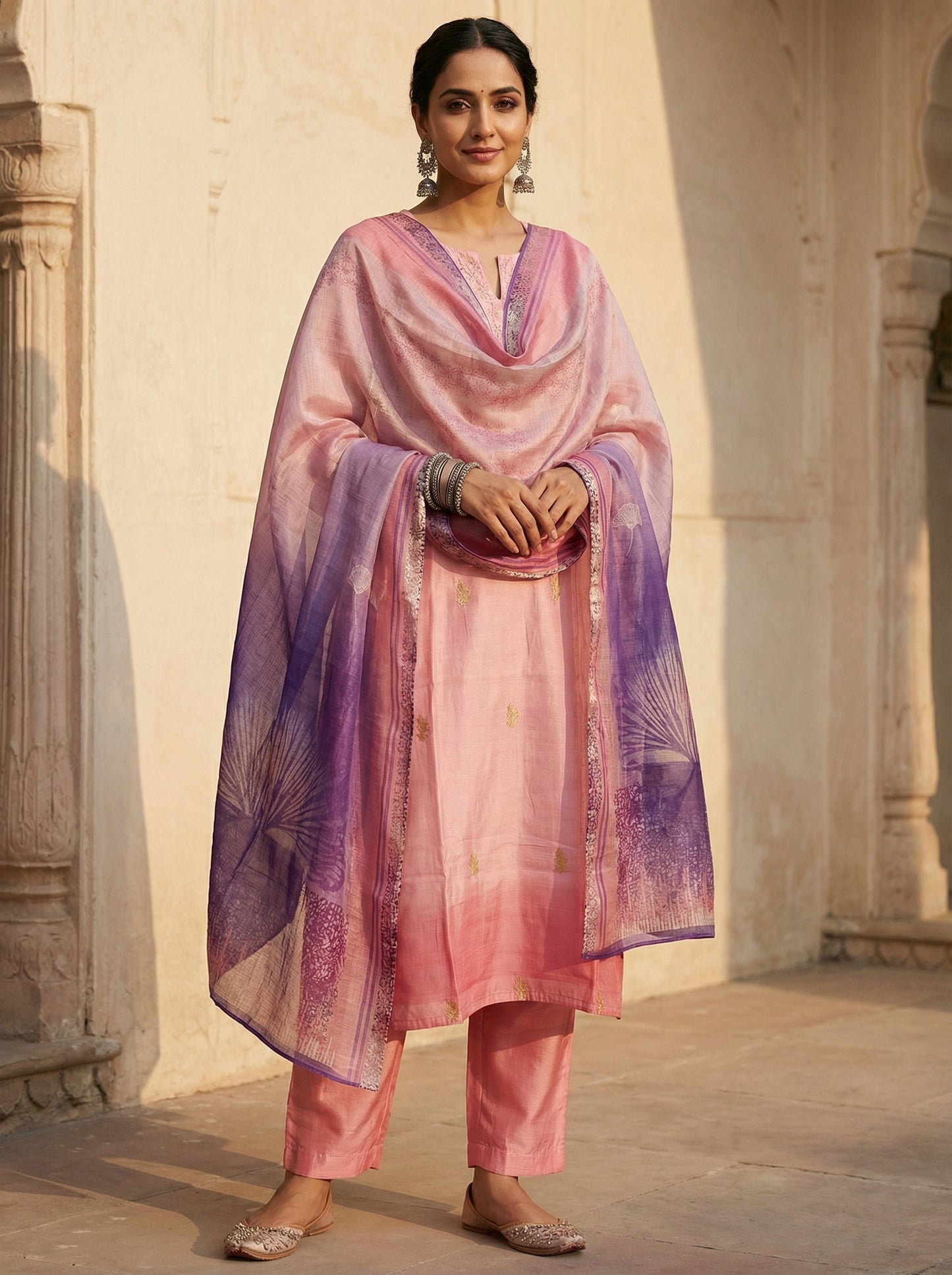 Semi Stitched Casual Chanderi Suitset
