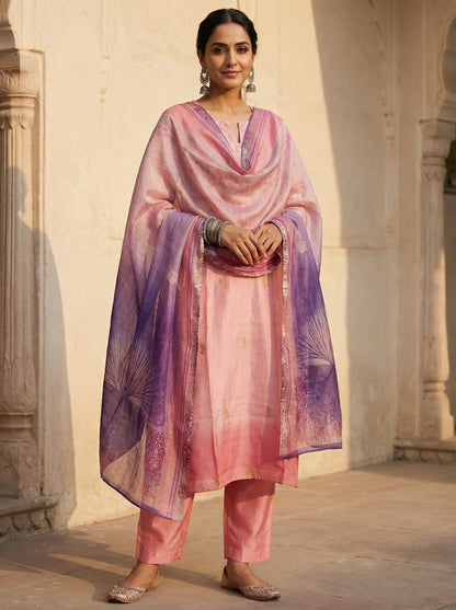 Semi Stitched Casual Chanderi Suitset