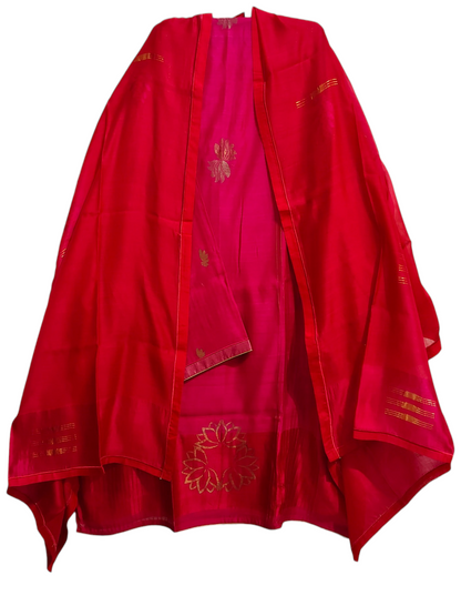 Red traditional suit sat with gold embroidery on a white background
