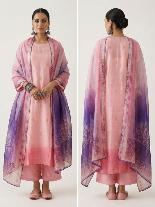 Semi Stitched Casual Chanderi Suitset