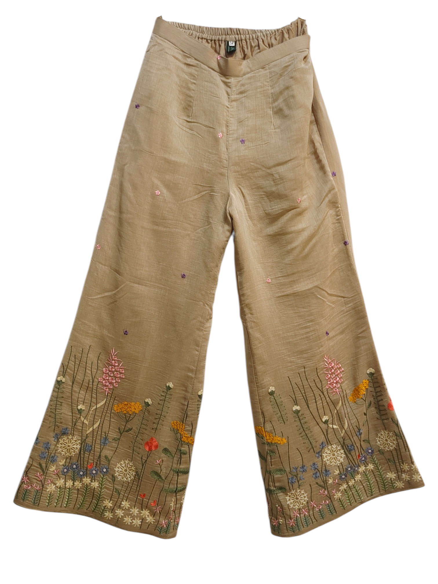 Beige pants with floral embroidery on a white background