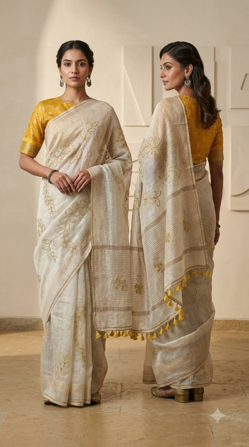 Formal silk linen embroidered Saree