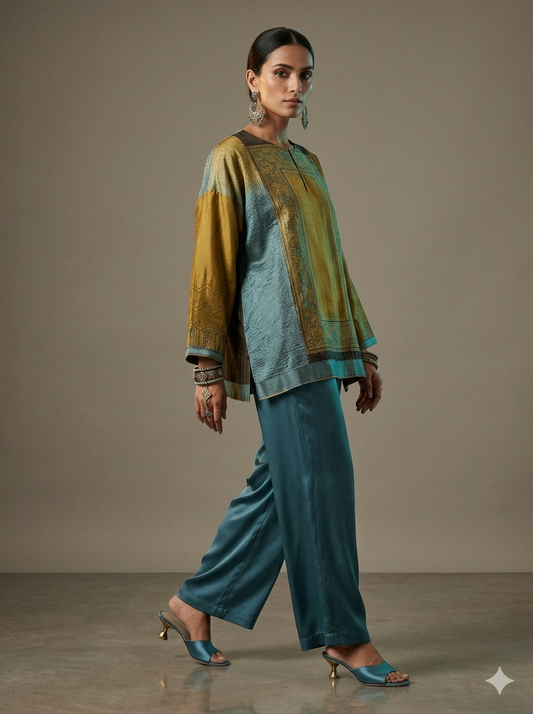 Semi Stitched Chanderi Ajrakh Short Tunic