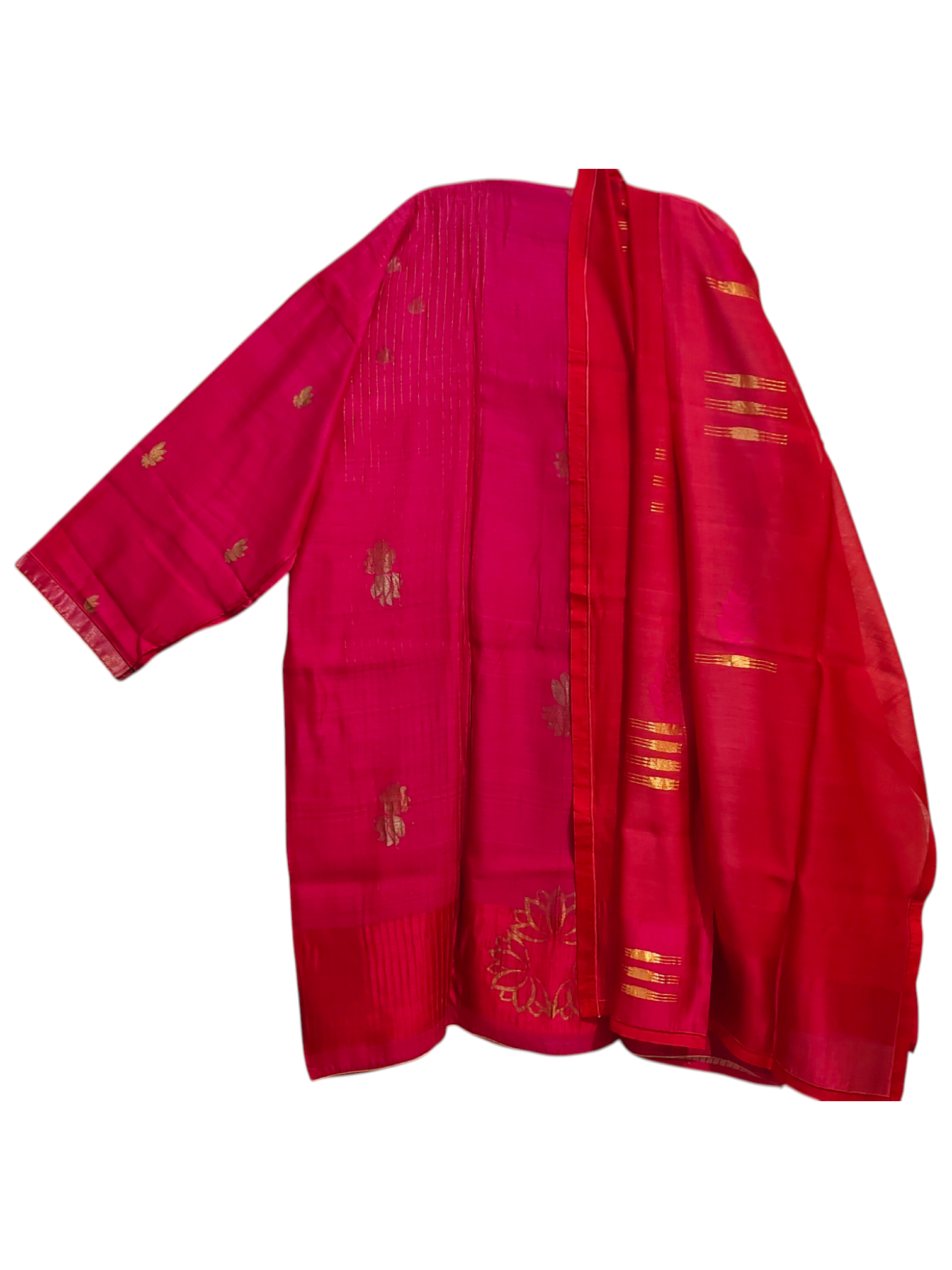 Red suit with gold patterns on a white background
