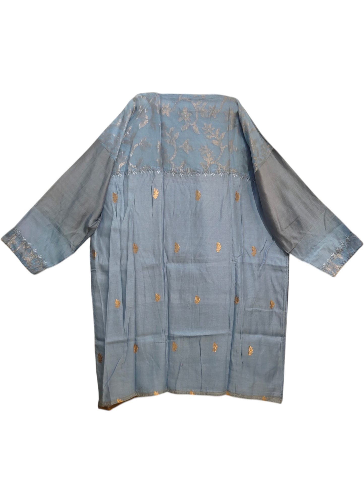 Light blue kurta with gold embroidery on a white background