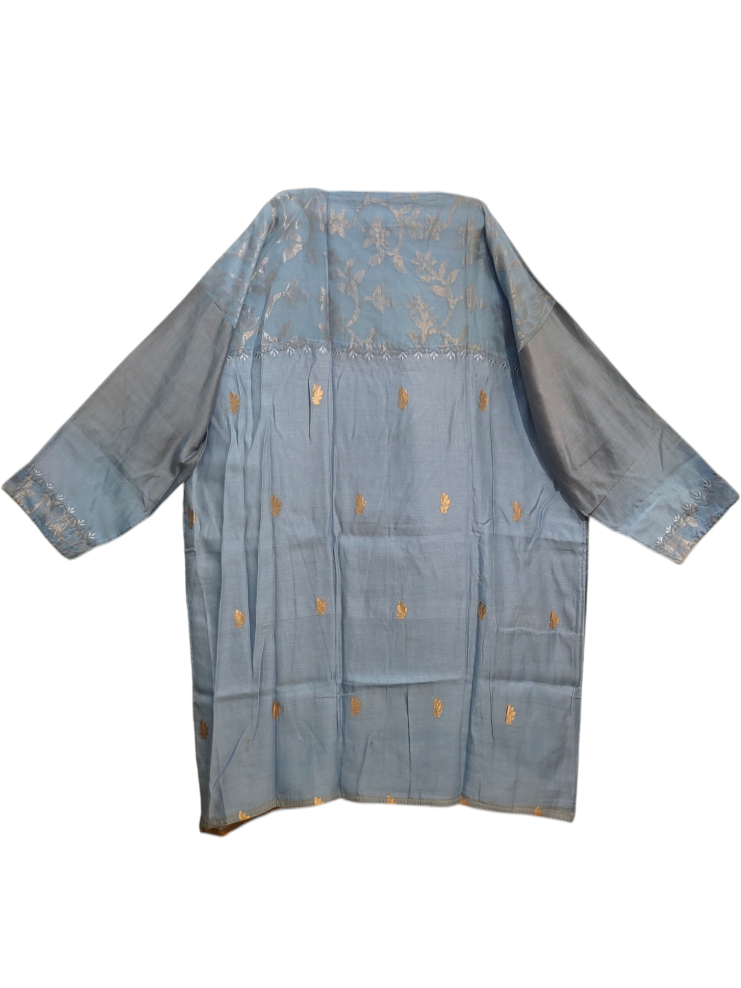 Light blue kurta with gold embroidery on a white background