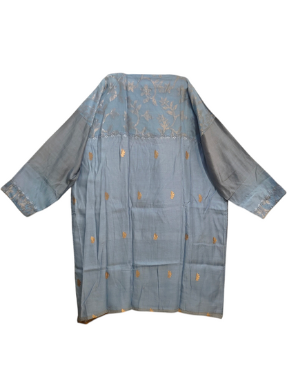 Light blue kurta with gold embroidery on a white background
