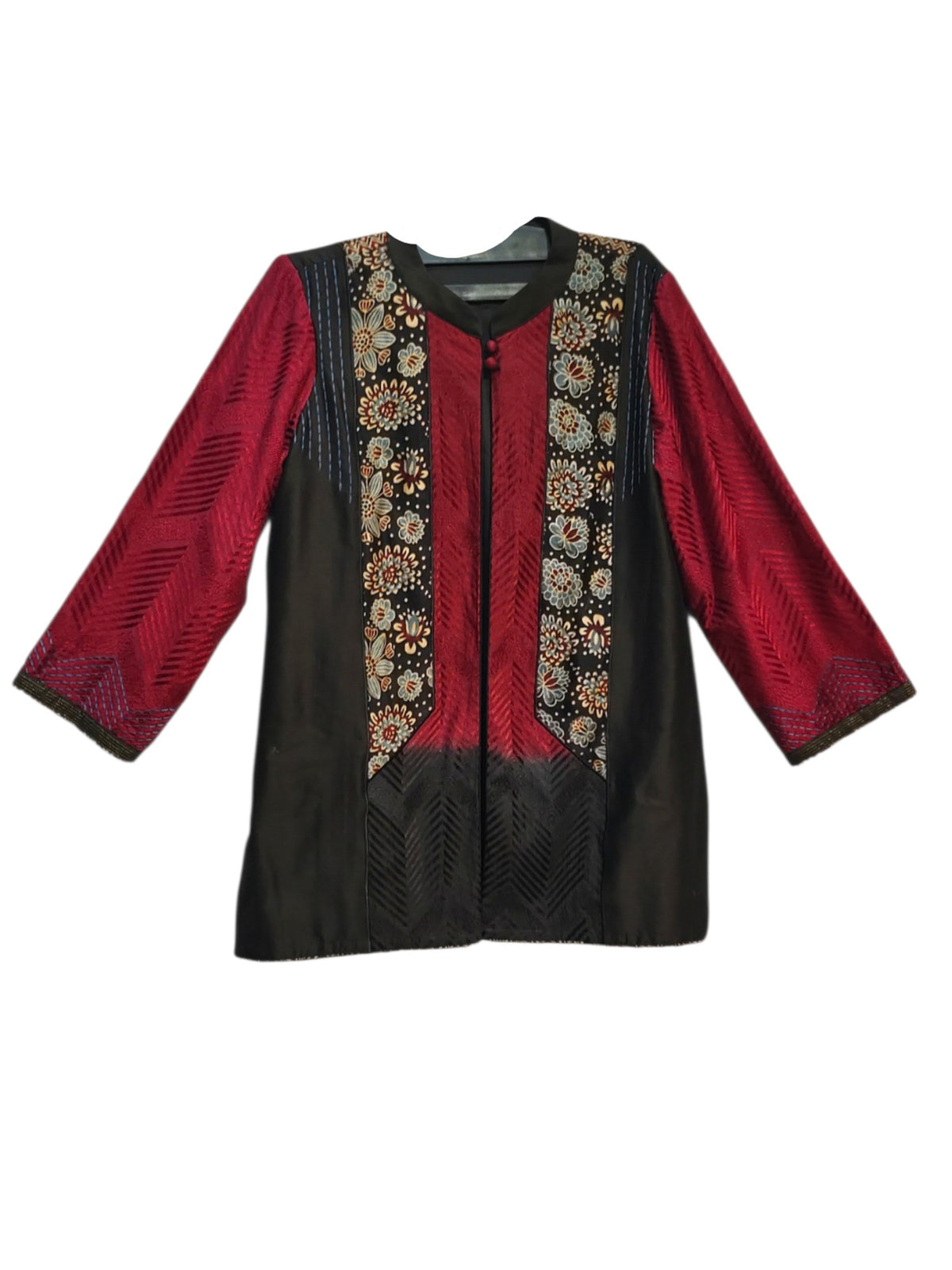 Formal Saanjh Maroon Black Ajrakh Chanderi Midlength Jacket