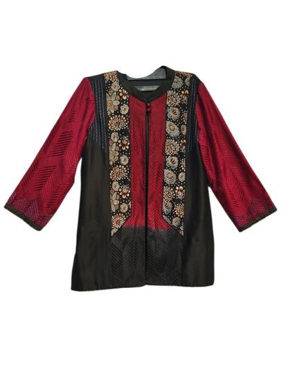 Formal Saanjh Maroon Black Ajrakh Chanderi Midlength Jacket