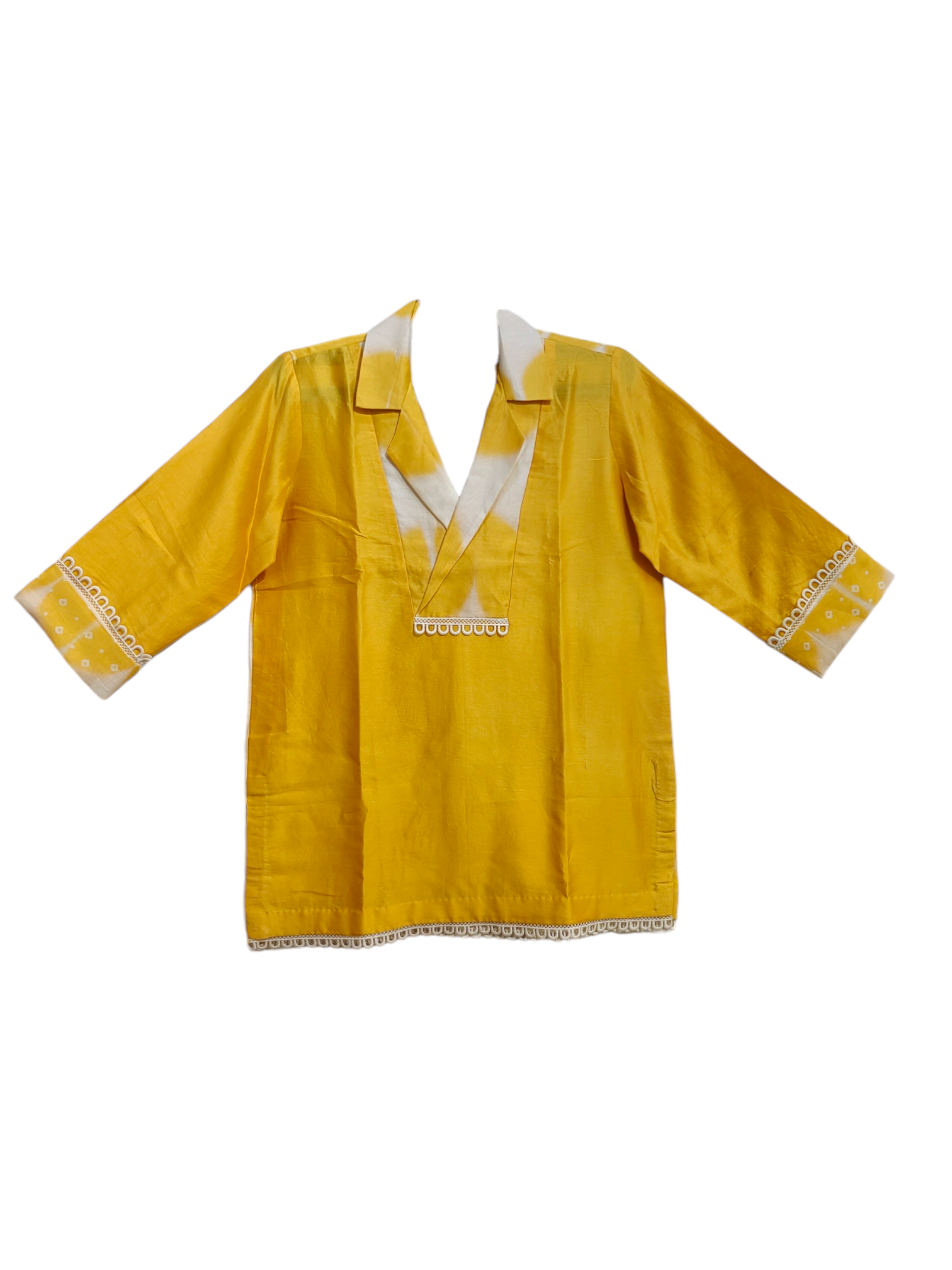 Yellow top with white trim on a white background