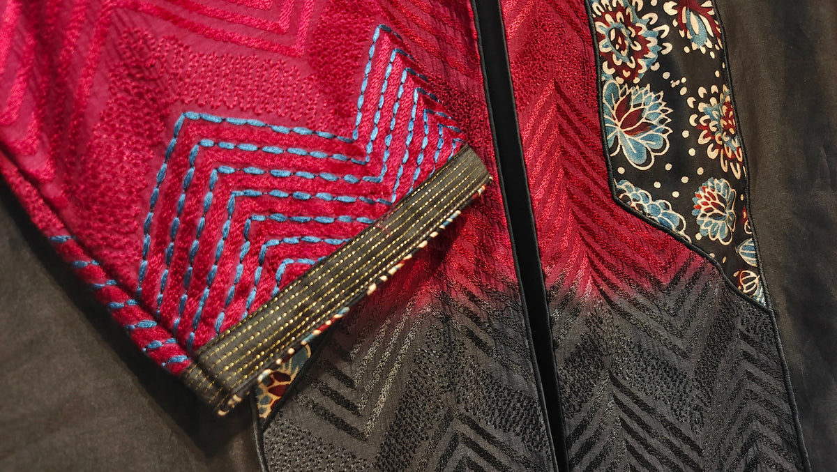 Formal Saanjh Maroon Black Ajrakh Chanderi Midlength Jacket