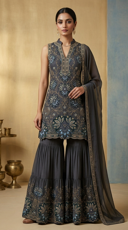 Midnight Bloom Embroidered Georgette  | Couture Sharara Set