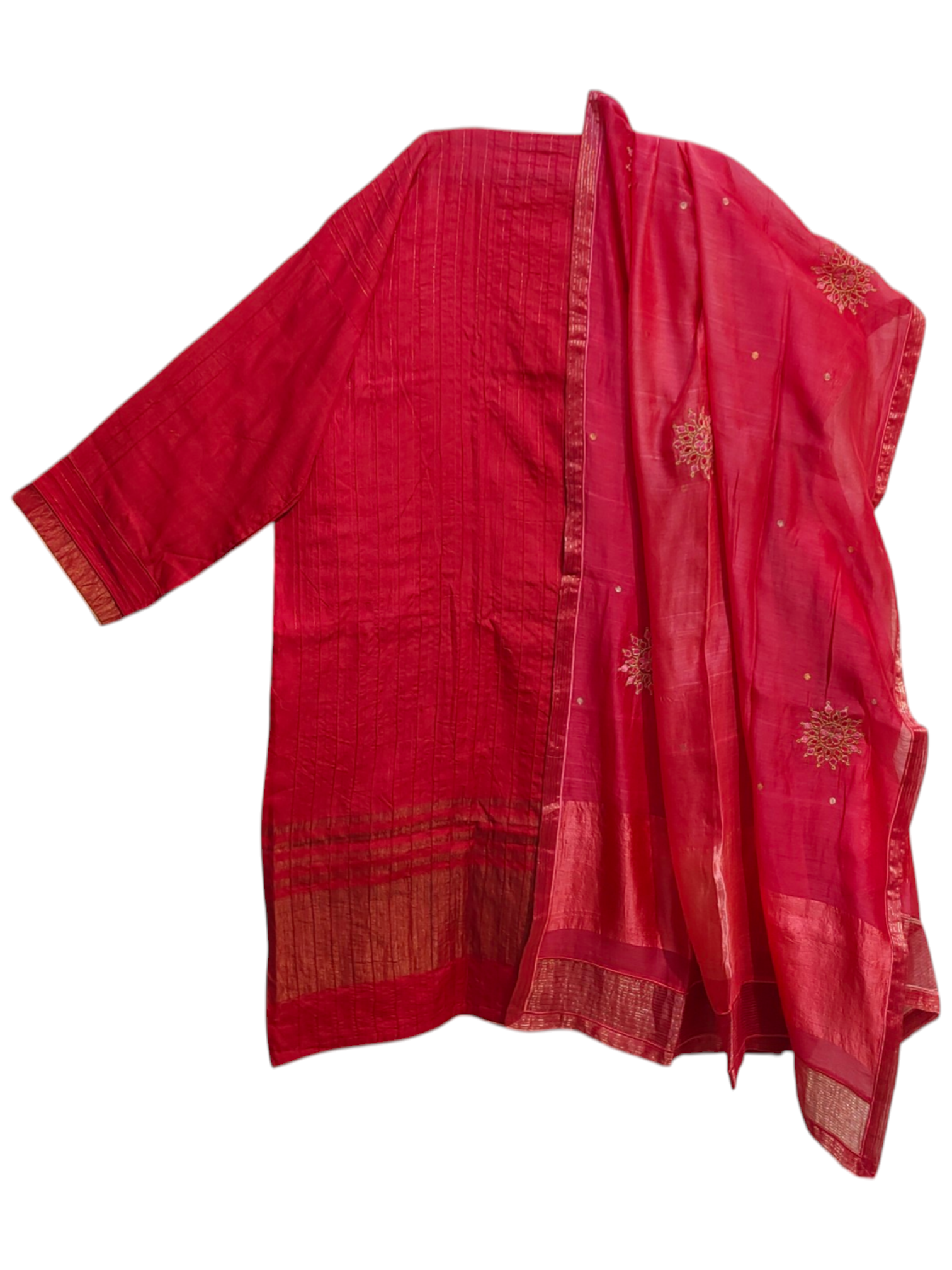 Red traditional kurta with a matching dupatta on a white background