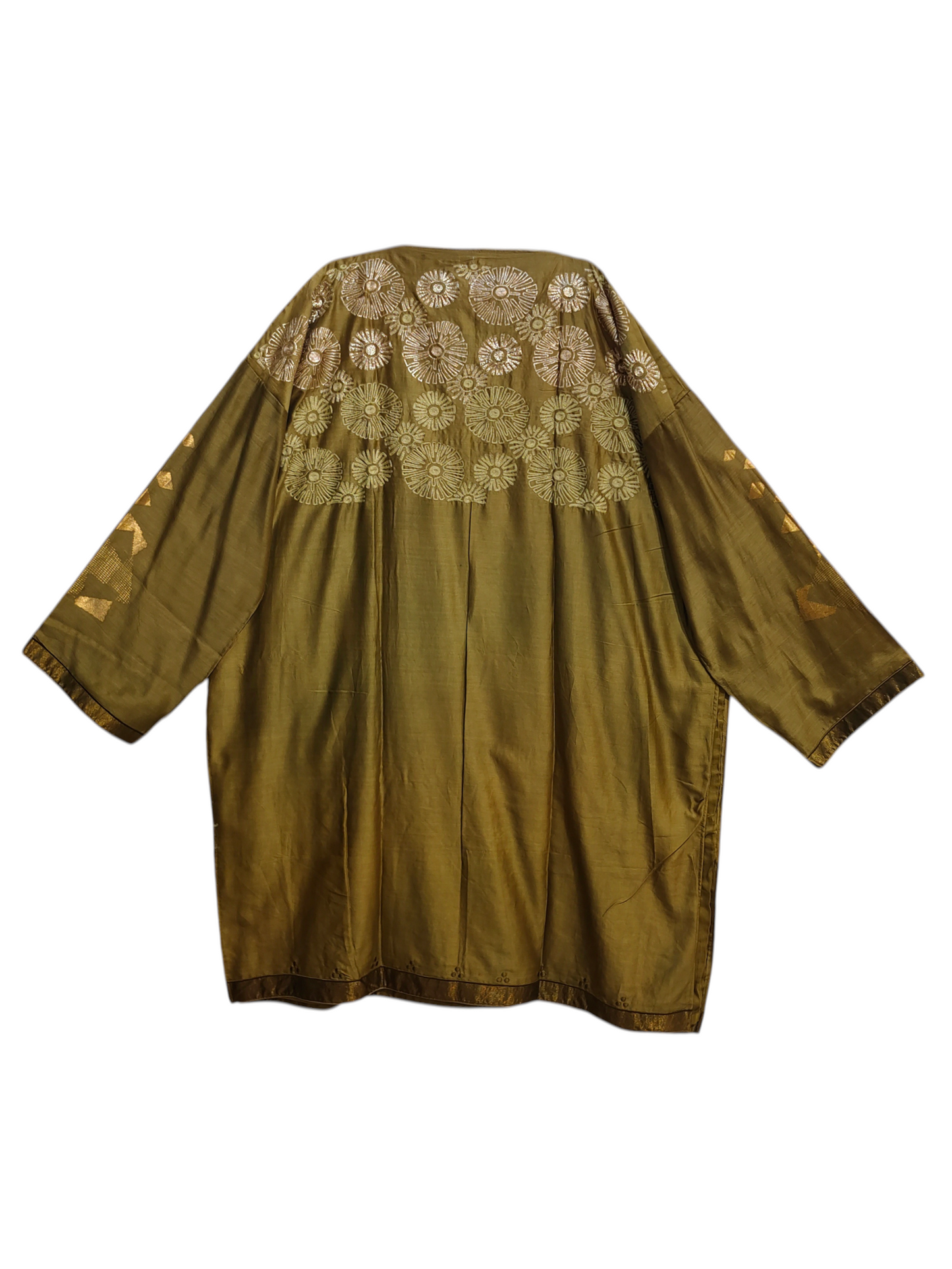 Green-brown kurta with floral embroidery on a white background