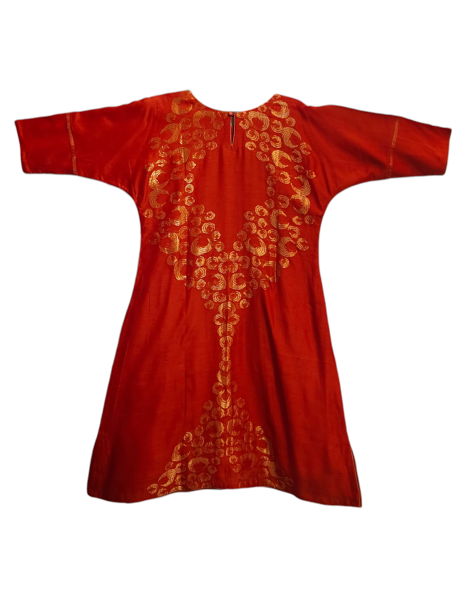 Red dress with gold embroidery on a white background