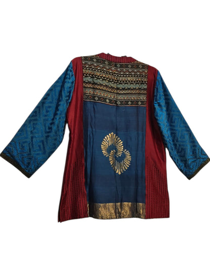 Formal Vira Cobalt Maroon Ajrakh Chanderi Midlength Jacket