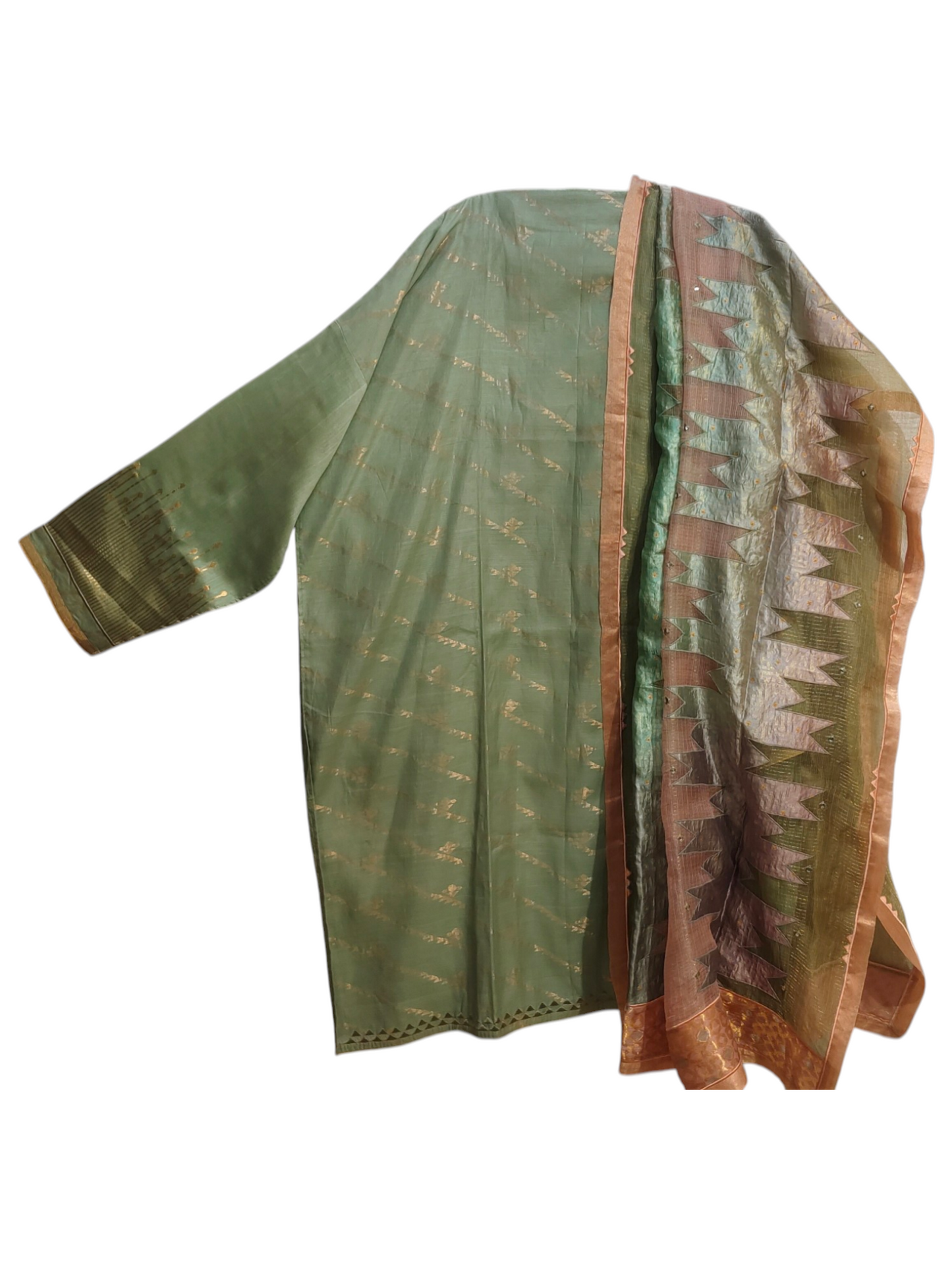 Green kurta and brown dupatta on a white background