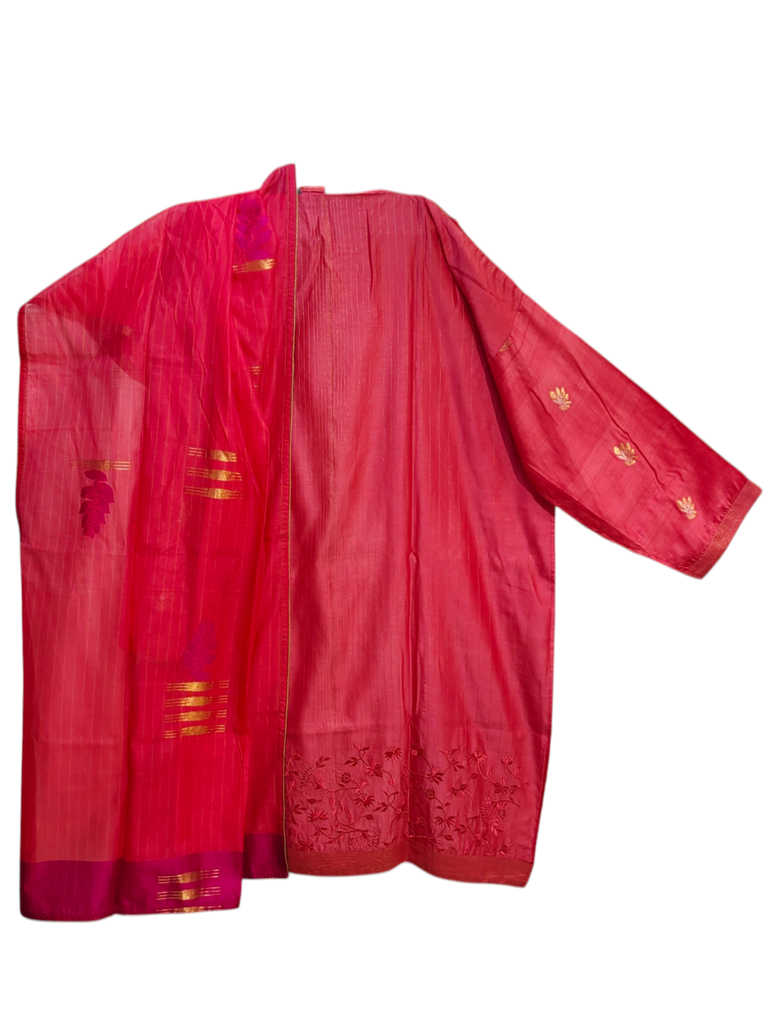 Pink suit with gold patterns on a white background