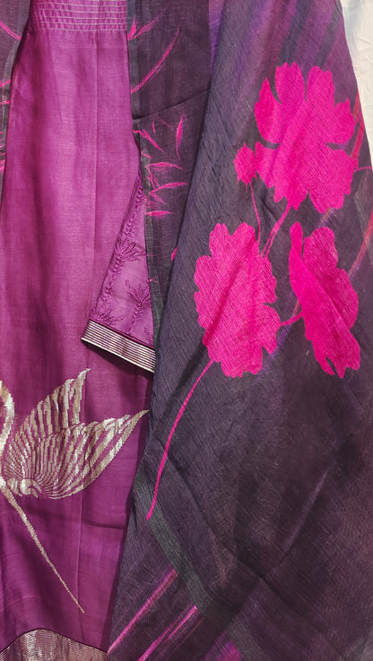 Semi Stitched Casual Chanderi Suitset