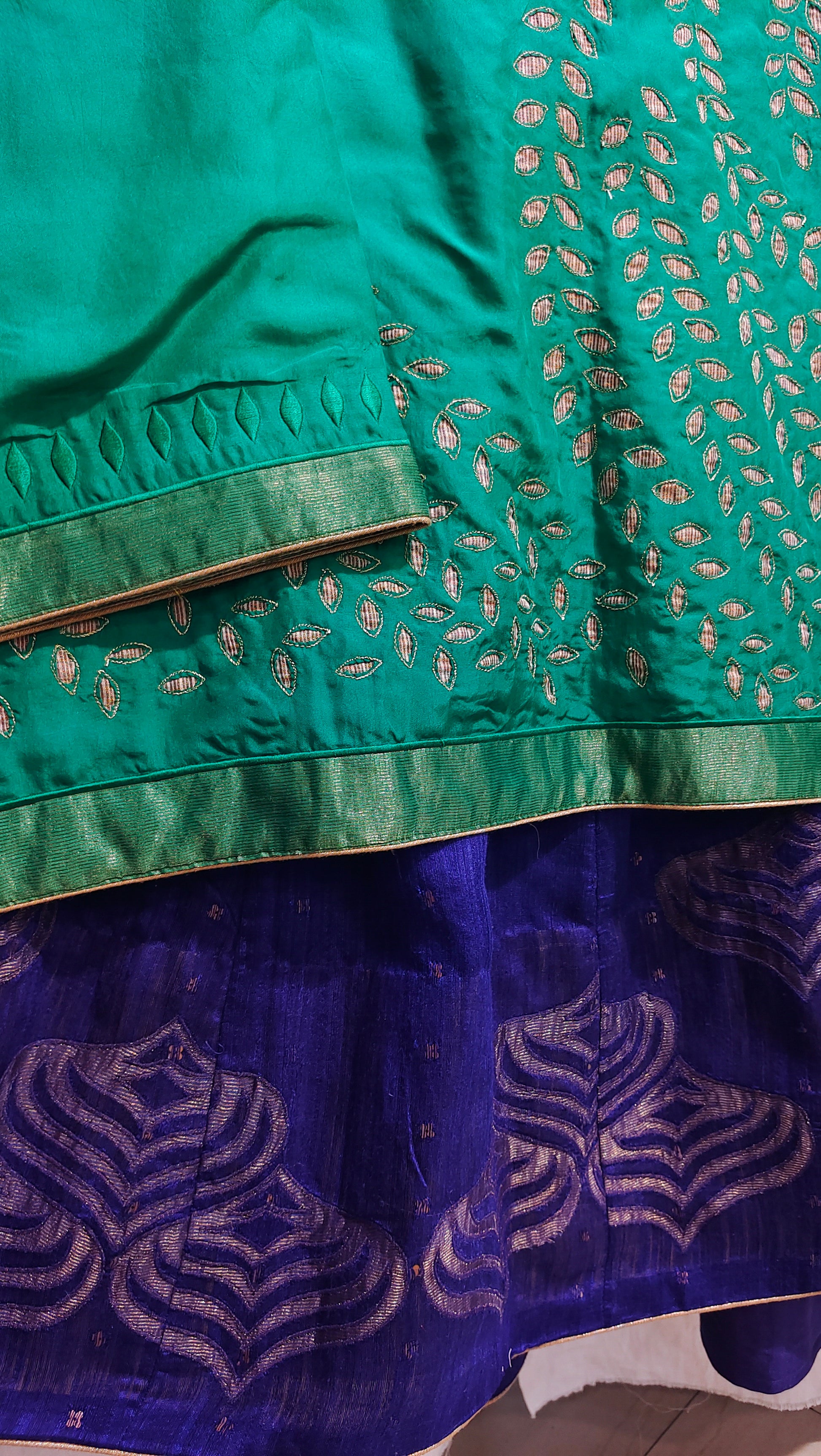 Close-up of green and blue fabric with intricate patterns
