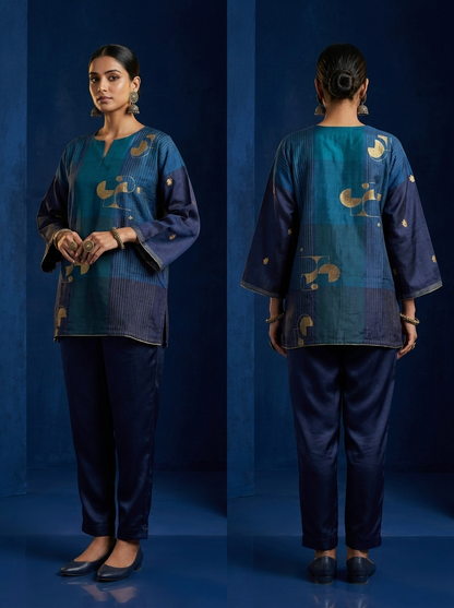 SemiStitched zariwoven peacock blue chanderi Tunic